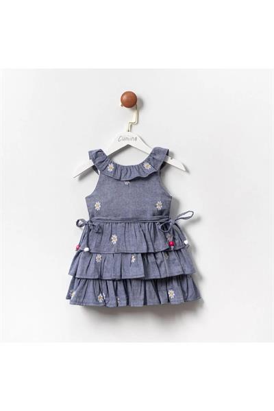Kız Çocuk Pamuklu Mavi Papatya Nakışlı Kat Kat Elbise - Fırfır Yaka Detaylı