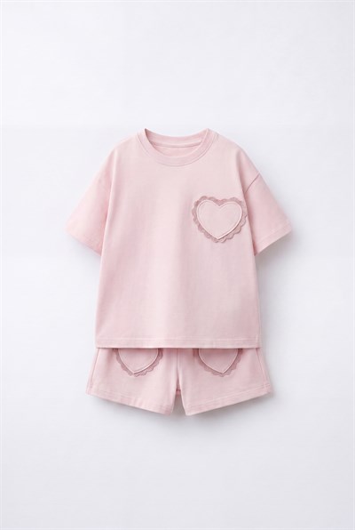 Kız Çocuk Pamuklu Lila Kalp Cepli T-shirt Şort Takım
