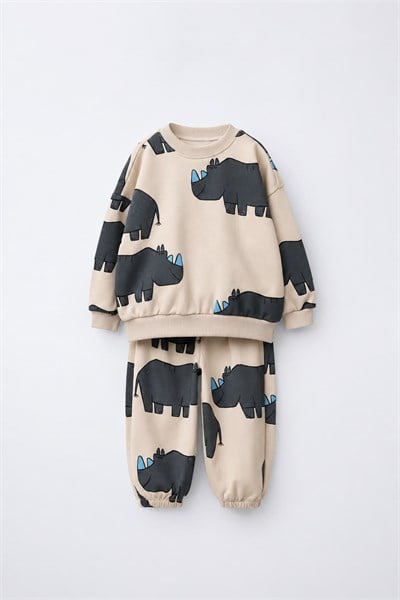 Çocuk Pamuklu Gergedan Desenli Bej Sweatshirt ve Eşofman Altı Takımı