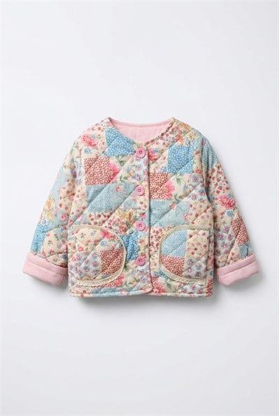 Kız Çocuk Patchwork Desenli Kapitone Ceket