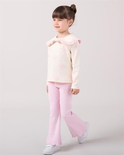 Kız Çocuk Pamuklu Lila Fiyonklu Volan Yaka Sweatshirt ve İspanyol Paça Pantolon Takım