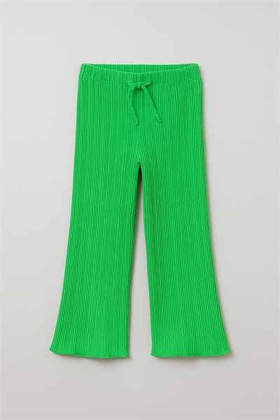 Kız Çocuk Pamuklu Yeşil Ribana Flare Pantolon - İpli ve Esnek Bel