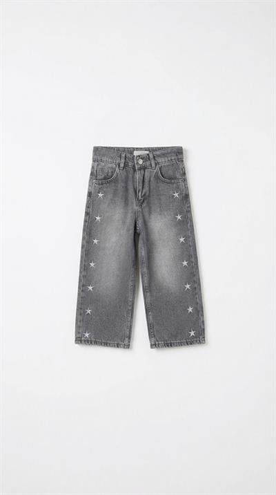 Kız Çocuk Pamuklu Gri Yıldız Desenli Denim Pantolon – Rahat Kesim, Günlük Kullanım