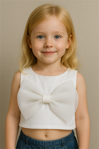 Kız Çocuk Pamuklu Beyaz Kurdele Detaylı Crop T-shirt