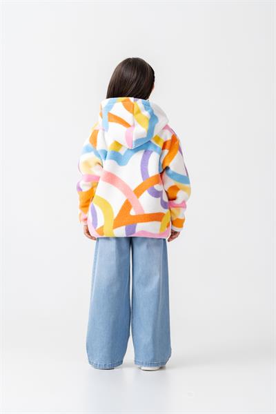 Kız Çocuk Pamuklu Renkli Desenli Kapüşonlu Fermuarlı Polar Mont - Konforlu Dış Giyim