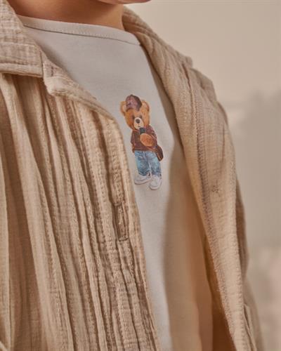 Erkek Çocuk Pamuklu Bej Müslin Ceketli T-Shirtli Pantolon Takım