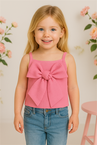 Kız Çocuk Pamuklu Pembe Fiyonk Detaylı Askılı Atlet - Yazlık Günlük Stil