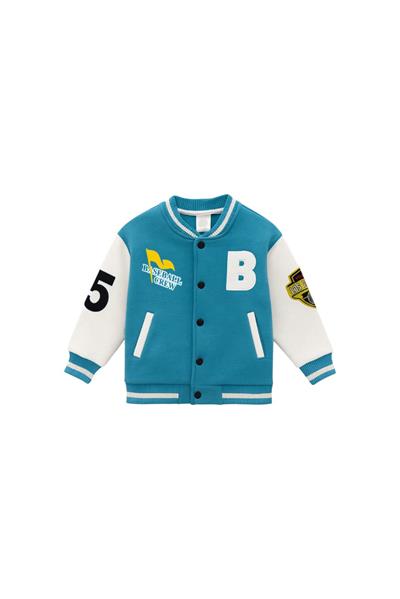 Unisex Çocuk Pamuklu Turkuaz Beyaz Kolej Ceket - Harf ve Baskı Detaylı Bomber Mont