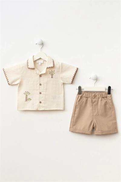 Erkek Bebek Pamuklu Bej Palmiye Nakışlı Takım