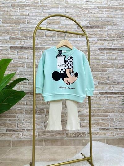 Kız Çocuk Pamuklu Mint Sweatshirt ve Ekru Fitilli Pantolon Takım - Kurdele Detaylı