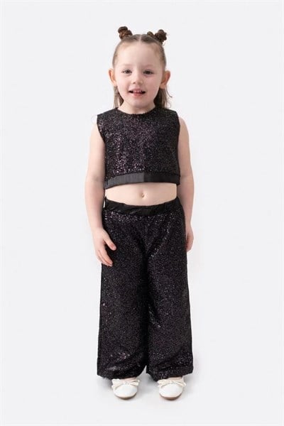 Kız Çocuk Siyah Payetli Crop Pantolon Takım