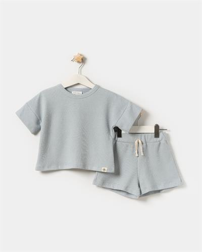 Erkek Çocuk Pamuklu Buz Mavi Dokulu T-Shirt ve Şort Takım - Rahat Kalıp Yazlık Set