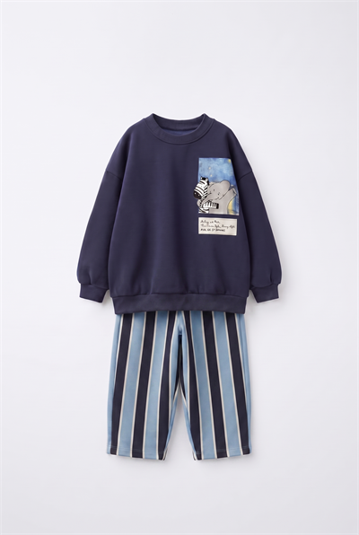 Çocuk Pamuklu Magu And Milo Lacivert Sweatshirt ve Çizgili Eşofman Takımı