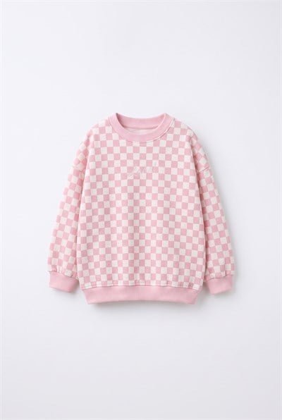 Kız Çocuk Pamuklu Pembe Dama Desenli Sweatshirt