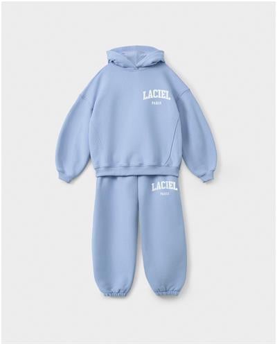 Unisex Çocuk Pamuklu Mavi Laciel Baskılı Kapüşonlu Sweatshirt ve Eşofman Alt Takım