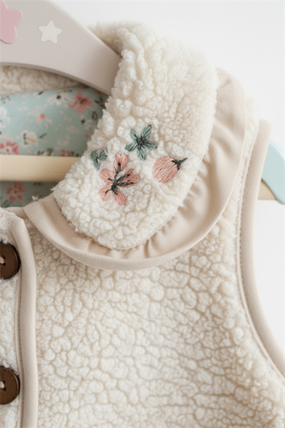 Kız Çocuk Krem Peluş Cepli Düğmeli Yelek – Nakışlı Yaka Detaylı