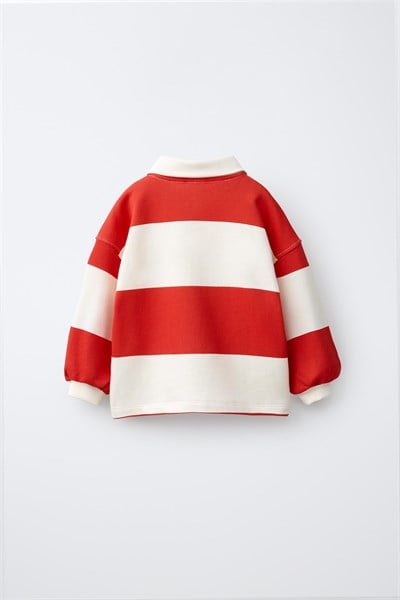 Çocuk Pamuklu Balina Nakışlı Kırmızı Ekru Çizgili Polo Yaka Sweatshirt