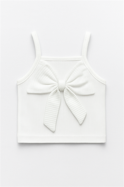 Kız Çocuk Pamuklu Beyaz Fiyonk Detaylı Askılı T-shirt - Yazlık Şık Stil