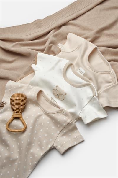 Unisex Bebek Pamuklu Bej Ekru 3lü Baskılı Çıtçıtlı Body Seti - Kısa Kollu