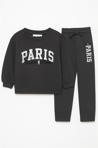 Kız Çocuk Pamuklu Siyah Ballet Team Yazılı Eşofman Takımı - Sweatshirt ve Alt Üst Takım