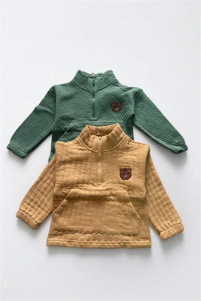 Çocuk Pamuklu 2li Fermuarlı Ayıcık Nakışlı Sweatshirt Seti