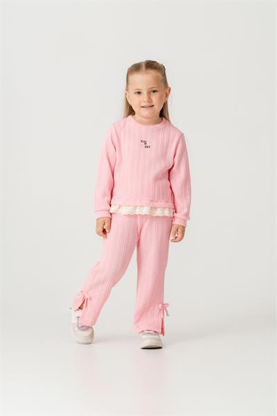 Kız Çocuk Pamuklu Pembe Fisto Detaylı Sweatshirt Eşofman Takım - Konforlu Günlük Giyim