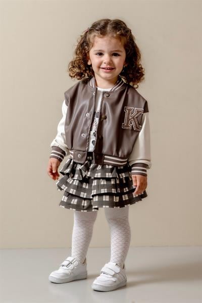 Kız Çocuk Kahverengi Ceket T Shirt ve Etek Takım