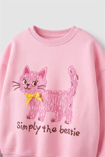 Kız Çocuk Kedi Baskılı Pembe Sweatshirt ve Çizgili Bol Paça Eşofman Takımı