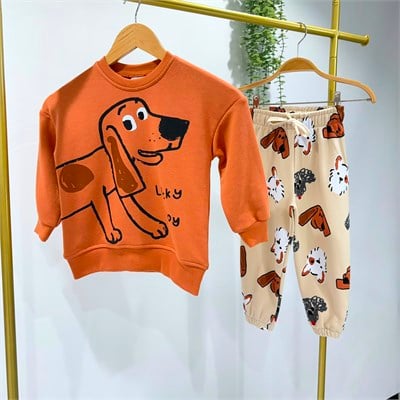 Çocuk Pamuklu Köpek Baskılı Turuncu Sweatshirt ve Desenli Eşofman Altı Takımı
