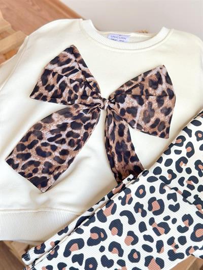 Kız Çocuk Pamuklu Krem Leopar Fiyonk Sweatshirt Takım - Leopar Desenli Taytlı Günlük Model