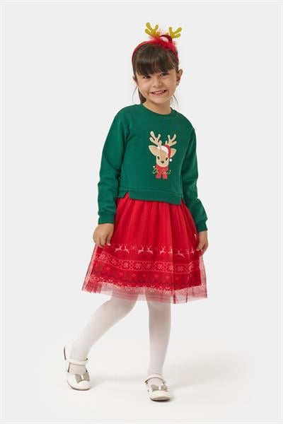 Kız Çocuk Pamuklu Yeşil Geyik Desenli Sweatshirt ve Kırmızı Tüllü Etek Takımı - Yılbaşı Özel Koleksiyonu
