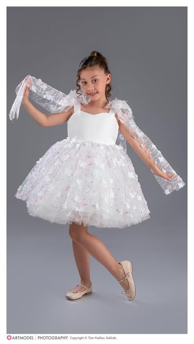 Kız Çocuk Beyaz Çiçek  Tüllü Abiye Omuz Bağlamalı Model Elbise 
