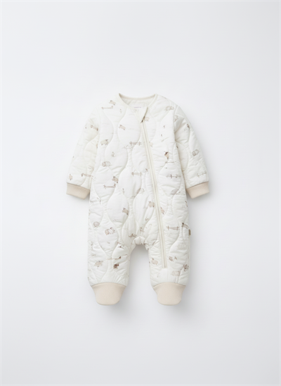 Unisex Çocuk Pamuklu Ekru Çift Fermuarlı Hayvancık Desenli Uyku Tulum