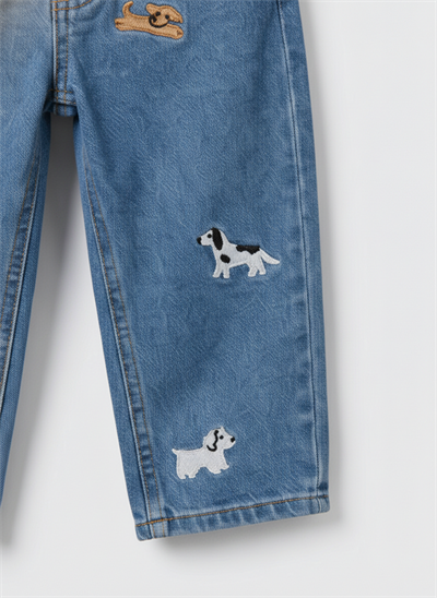 Erkek Çocuk Pamuklu Mavi Kot Pantolon – Köpek Nakışlı