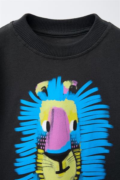 Erkek Çocuk Pamuklu Antrasit Aslan Baskılı T-Shirt ve Çizgili Eşofman Takım