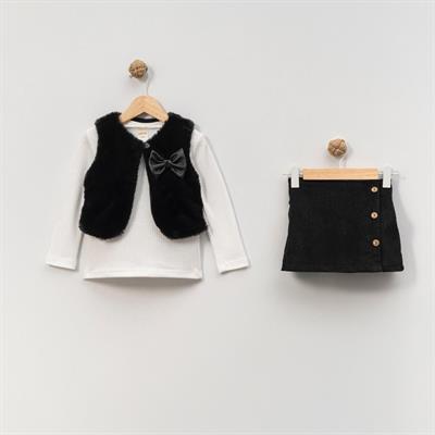 Kız Çocuk Pamuklu Siyah Fiyonklu 3lü Yelekli Etekli Takım – Zarif Günlük Kombin