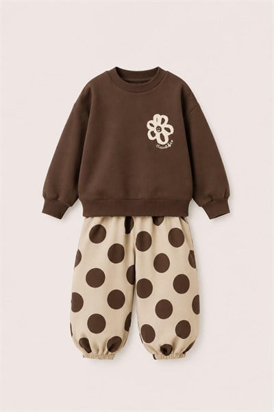 Kız Çocuk Pamuklu Çiçek Baskılı Kahverengi Sweatshirt ve Puantiyeli Eşofman Takımı