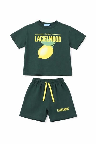 Çocuk Pamuklu Koyu Yeşil Limon Baskılı T-Shirt Şort Takım - Yazlık Spor Kombin