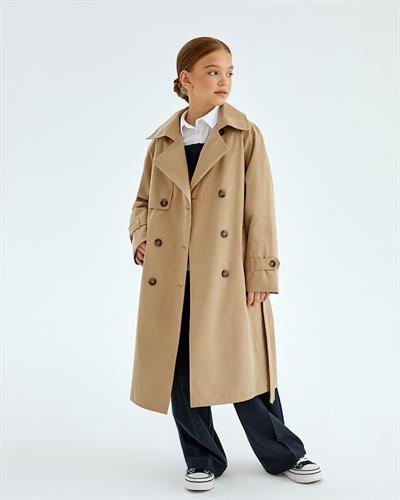 Kız Çocuk Pamuklu Bej Trençkot Mont - Kuşaklı Cepli Dış Giyim