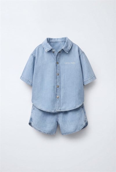 Erkek Çocuk Oversize Denim Mavi Gömlek Şort Takım - Yazlık İkili Takım