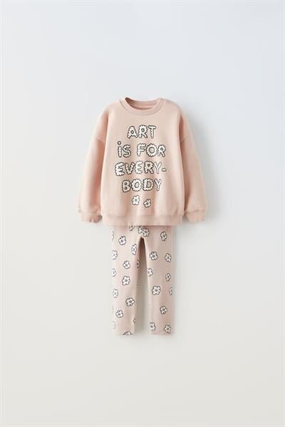 Kız Çocuk Pamuklu Pudra Slogan Baskılı Sweatshirt Çiçek Desenli Tayt Takım