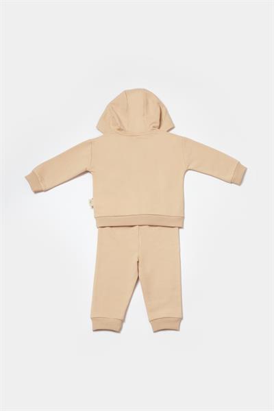 Bebek Pamuklu Bej Kapüşonlu Ayıcık Baskılı Eşofman Takımı - İki Parça