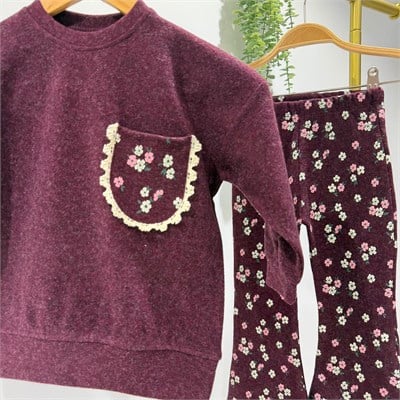 Kız Çocuk Çiçek Desenli Bordo Sweatshirt ve İspanyol Paça Tayt Takımı