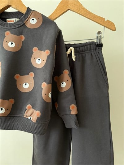 Çocuk Ayıcık Desenli Antrasit Sweatshirt ve Bol Paça Pantolon Takımı