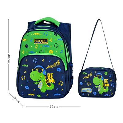 Erkek Çocuk Mavi Yeşil Müzik Temalı Dinozor Okul Çantası ve Beslenme Çantası Seti - Waddell Boys