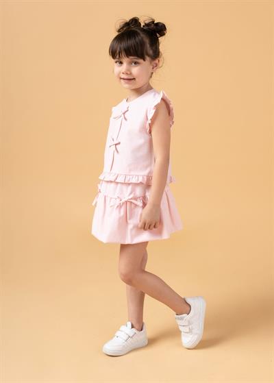 Kız Çocuk Pamuklu Fiyonklu Volanlı Takım - Kolsuz Üst ve Etekli Yazlık İkili Set