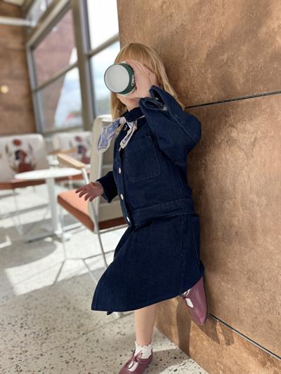 Kız Çocuk Pamuklu Denim Ceket ve Pileli Denim Etek Takım