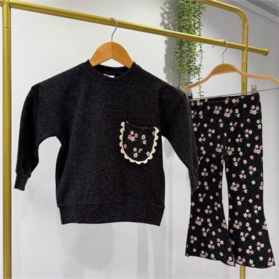 Kız Çocuk Çiçek Desenli Siyah Sweatshirt ve İspanyol Paça Tayt Takımı