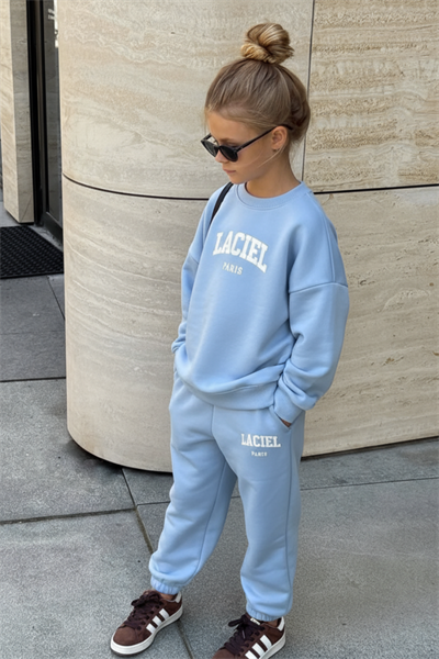 Erkek Çocuk Pamuklu Bebe Mavi Oversize Eşofman Takım - Baskılı Sweatshirt ve Eşofman Altı