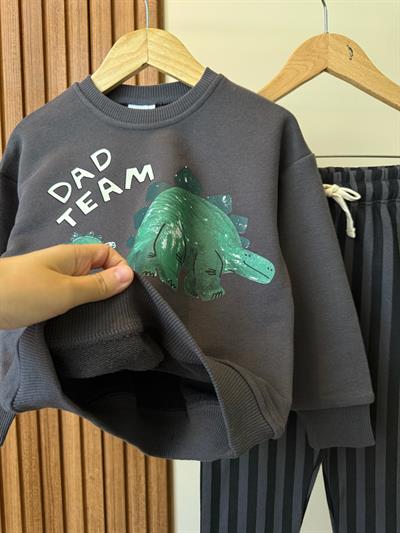 Erkek Çocuk Pamuklu Gri Sevimli Hayvancık Baskılı Sweatshirt - Dad Team Yazılı